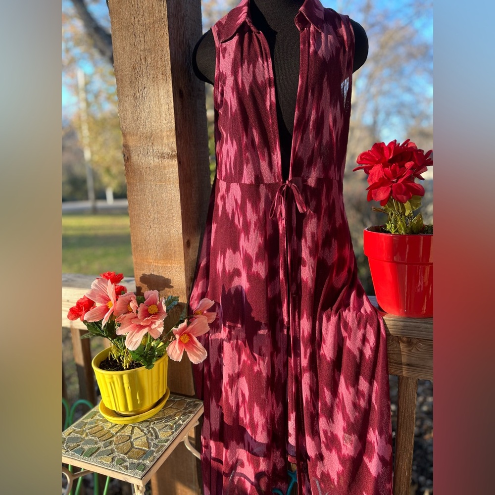 Ember Wine Berry Semi-Sheer Acid Wash Tie Due Open Front Midi Duster NWT Size XL